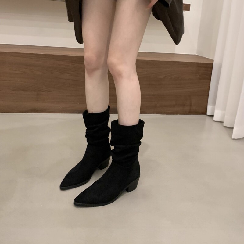 高跟尖头绒面卡其色瘦瘦法式小短靴女鞋2025新款堆堆靴春秋单靴子|undefined