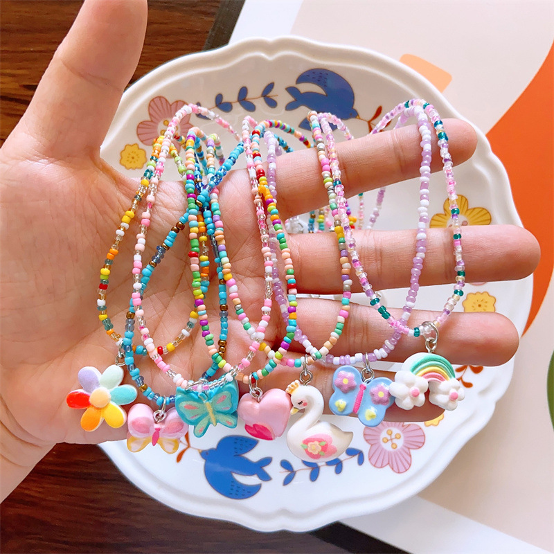 Heart Shape, Butterfly Pattern Cute Heart Shaped Butterfly Resin Beaded Pendant Necklace