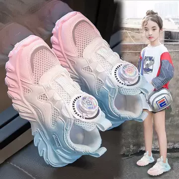 Children's Shoes Girls' 2024 New Spring and Summer Children's White Shoes Rotating Button Mesh Shoes Breathable Mesh Sports Torre Shoes