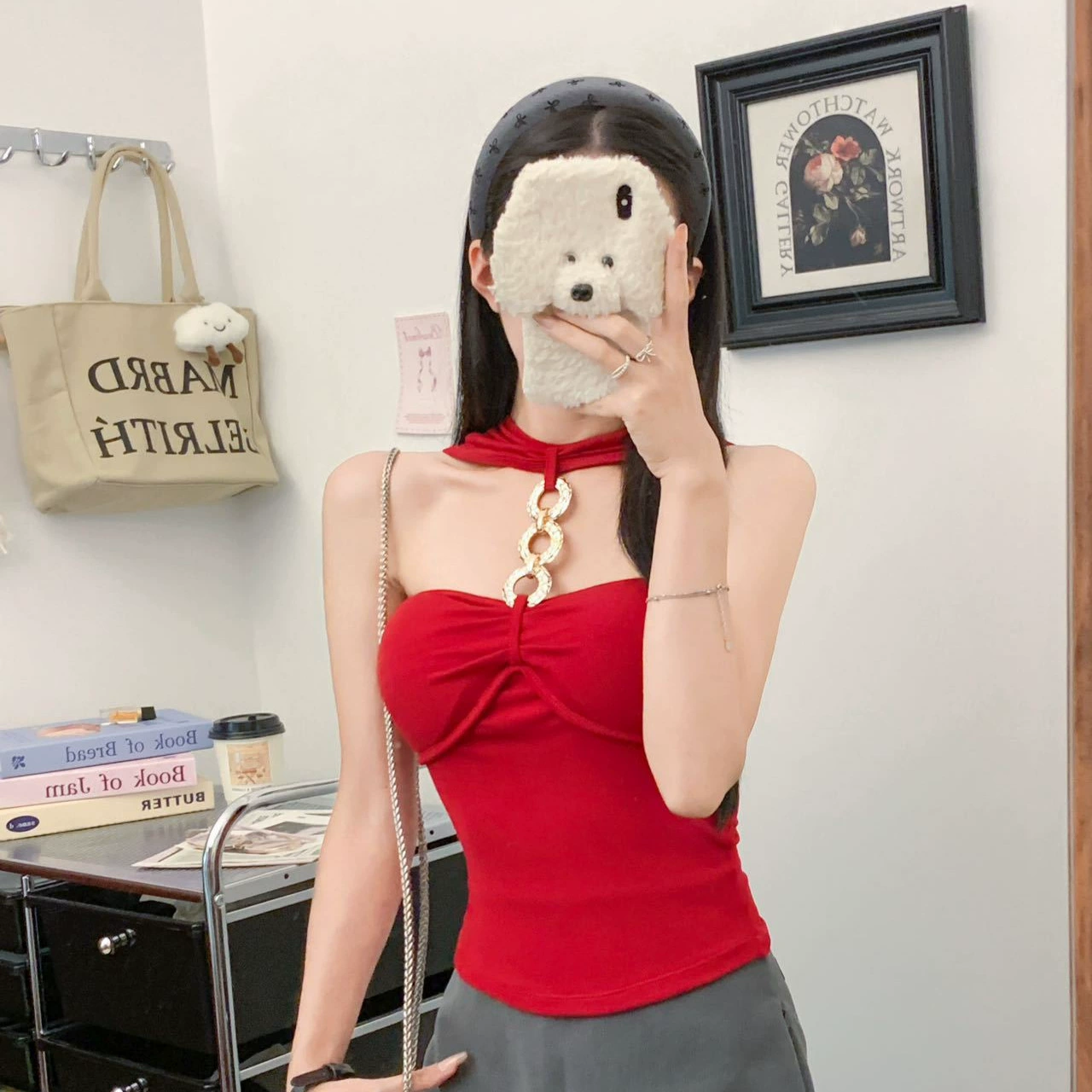 927 # Летний новый стильный жилет с лямкой на шее и цепочкой из чистого бриллианта для верхней одежды, нишевый сексуальный универсальный жилет с подушечками для груди, чтобы выглядеть стройным