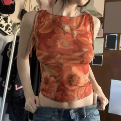American Vacation Niche Temperament Flower Print レースアップ ノースリーブ ベスト ホットガール タイト チルトトップ