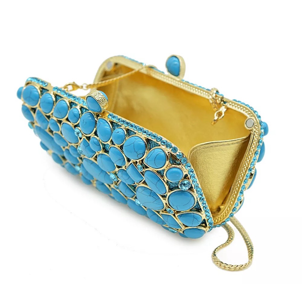 Túi clutch dạ tiệc đính đá rhinestone mã não màu ngọc lam — Màu vàng chi tiết 9