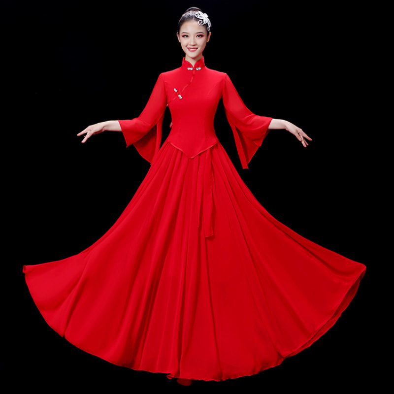 开场舞演出服女新款飘逸中国风长裙交谊舞古筝大摆裙舞蹈服装成人|undefined