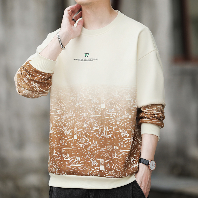 Camiseta de manga larga para hombres primavera y otoño suelta chaqueta de moda marca casual de cuello redondo ropa de moda camiseta de base para hombres