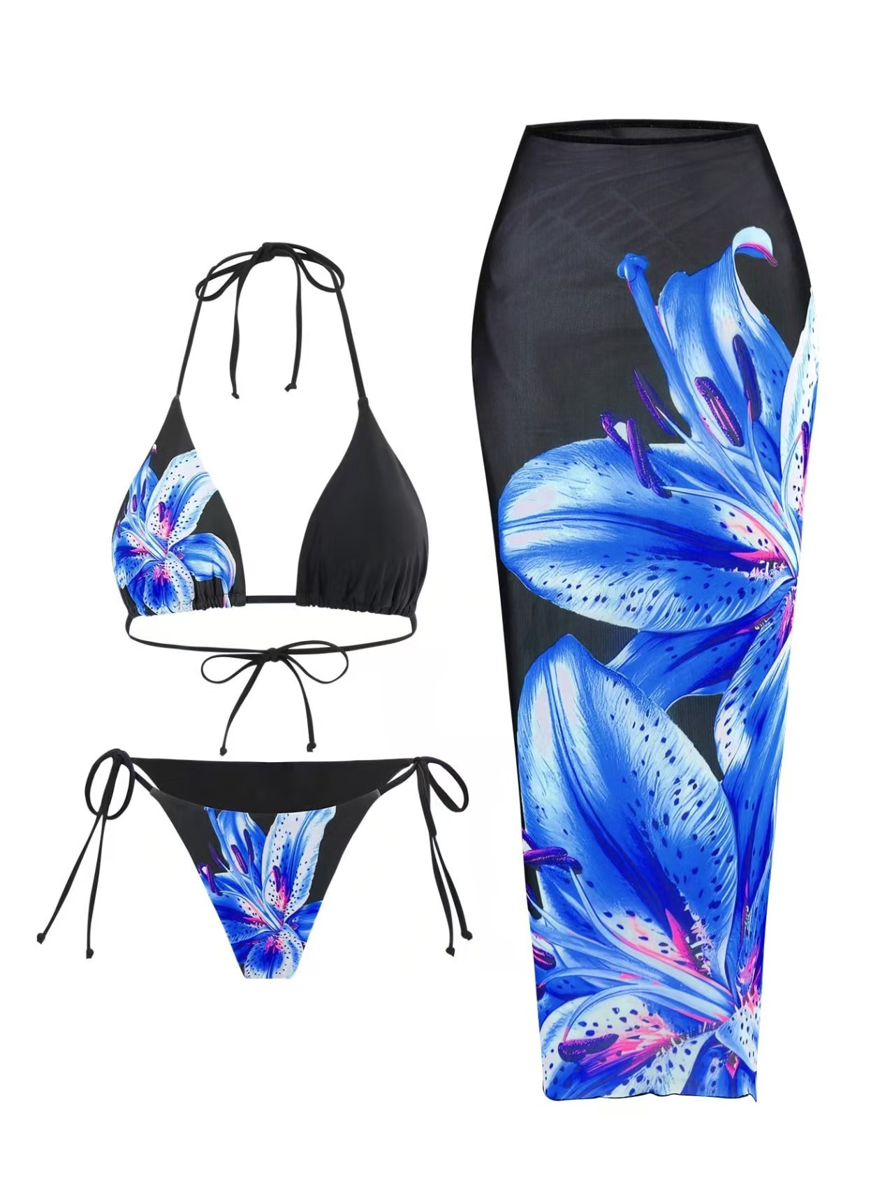 Women's Lily Print Three Piece Bikini Set With Wrap Skirt_voghion.com