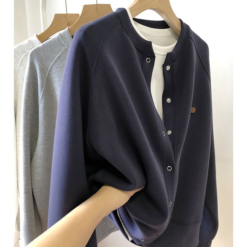 Early Autumn Layered Thin Baseball Jacket for Women with Super Nice Design Round Neck Cardigan Casual Loose Snap Sweatshirt