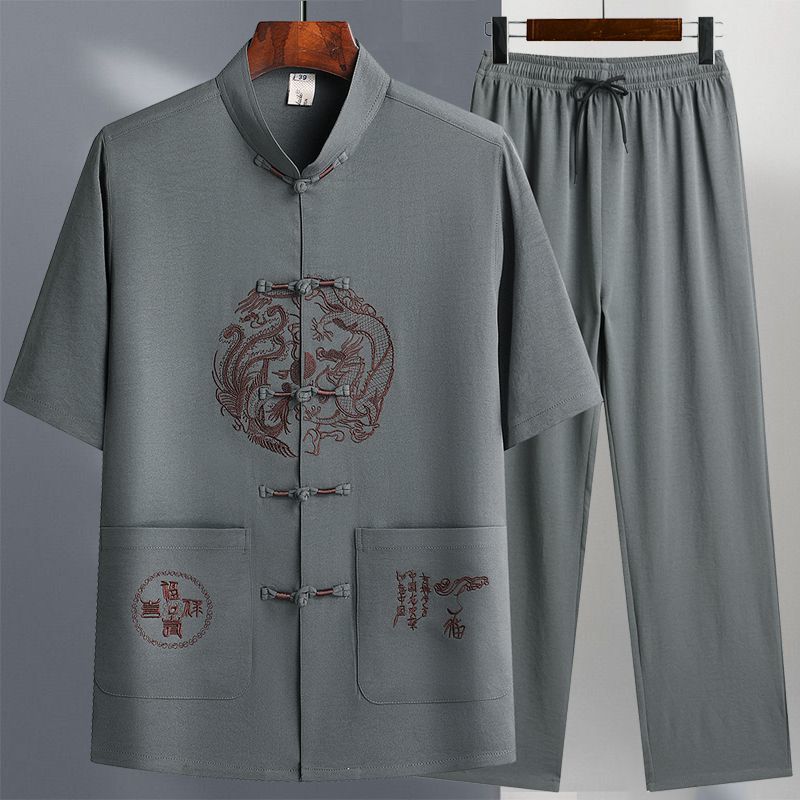 Summer Tang suit men's ice silk short-sleeved suit thin casual jacket father's outfit handmade Chinese knot button Hanfu grandfather outfit