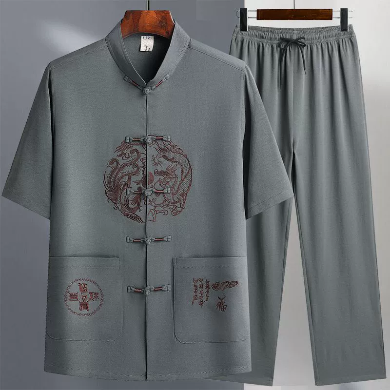 Летний костюм Тан Мужской комплект с короткими рукавами из ледяного шелка Тонкий повседневный пиджак папа ручной работы