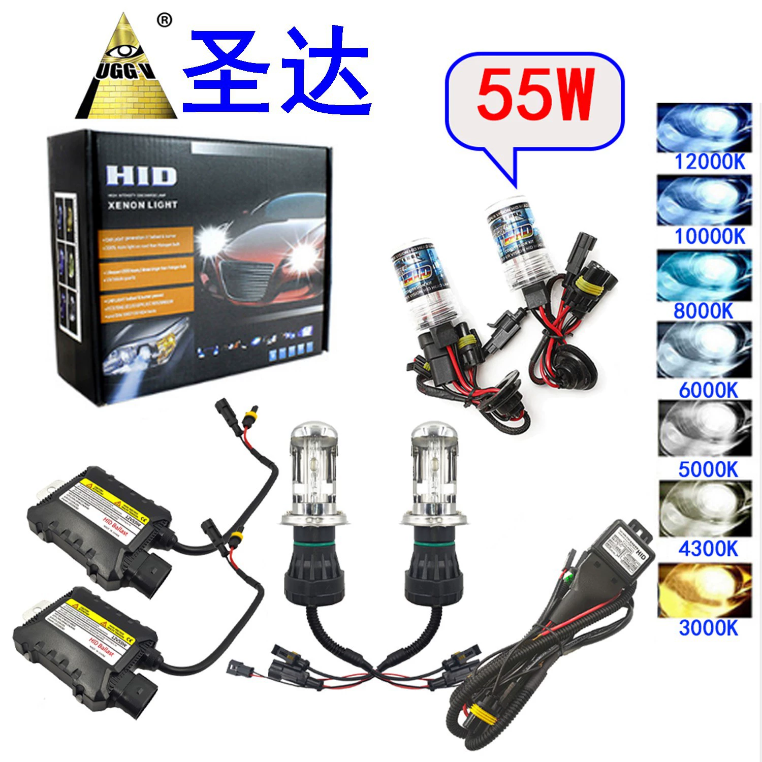 Популярный автомобильный комплект ксеноновых ламп HID H1 H3 H4 H7 H11 9005 9006 55W для трансграничных поездок