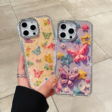 韩系新款油画彩蝴蝶适用苹果16promax手机壳iPhone15闪钻14/13/12