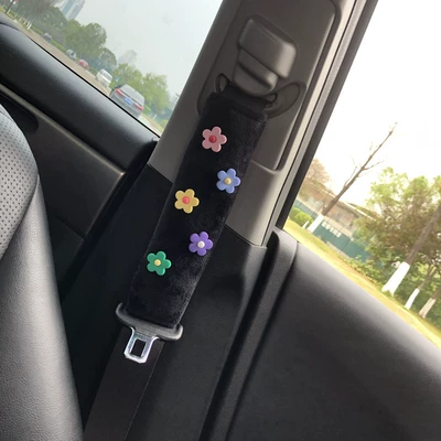 Seat belt shoulder pad: strap summer ice silk plush - black-elegant-flower-shoulder-pad-short-velvet-1