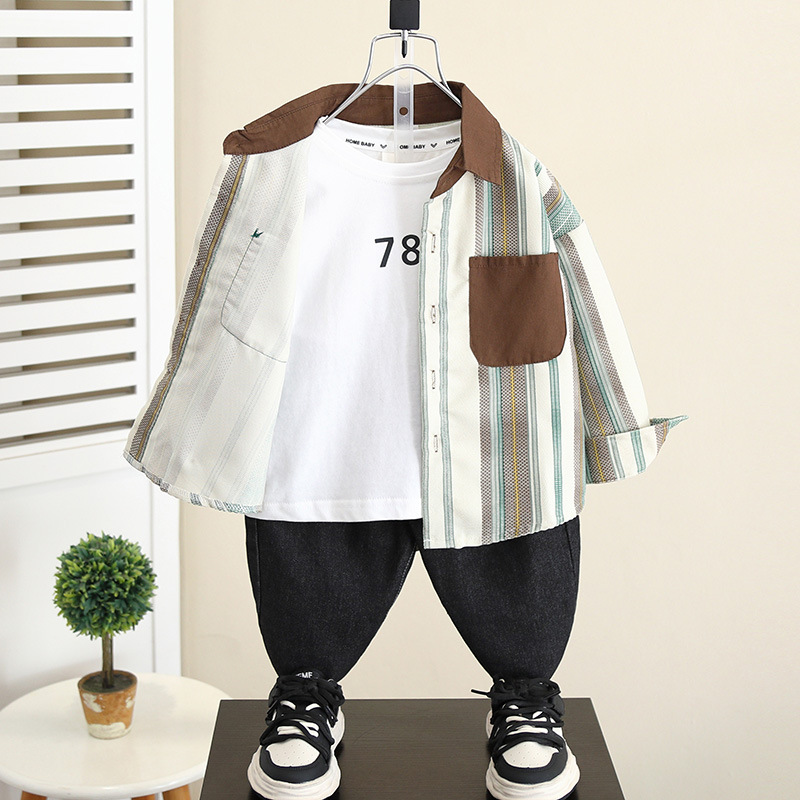 5827 chaqueta de camisa para niños primavera y otoño 2025 nuevo bebé otoño versión coreana camisa de manga larga para niños blusa a rayas