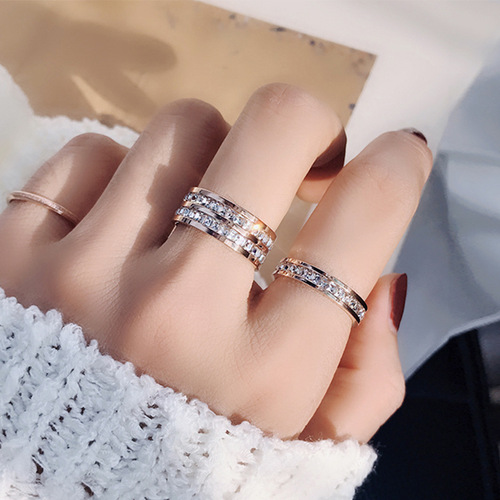 Hong Kong style rings for couples, men and women, simple students, double single row square diamonds, Japanese and Korean tail rings, index finger, fashionable middle finger ring