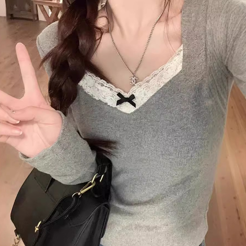 Lace Splicing Brushed Warm Bottoming Shirt Long-Sleeved T-Shirt for Women Autumn and Winter Gray Slim Fit with Velvet Thickeneded Top