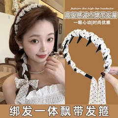 水玉模様のリボンヘアバンド 女性用 2025年 高頭囲用 ヘアバンド一体型 ヘアゴム ヘアピン ヘアアクセサリー シャネル風