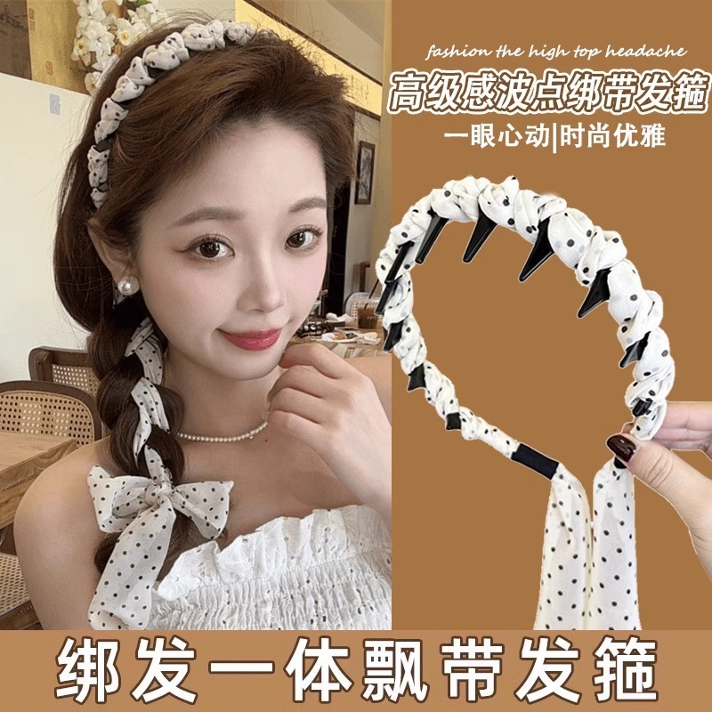 水玉模様のリボンヘアバンド 女性用 2025年 高頭囲用 ヘアバンド一体型 ヘアゴム ヘアピン ヘアアクセサリー シャネル風|undefined
