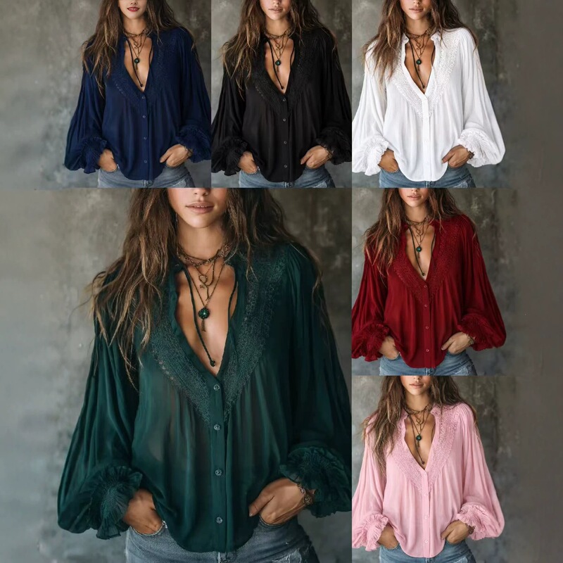 New spring and autumn collection, Amazon bestsellers, popular on independent websites, European and American cross-border casual women's clothing, chiffon patchwork lace V-neck shirt New spring and autumn collection, Amazon bestsellers, popular on independent websites, European and American cross-border casual women's clothing, chiffon patchwork lace V-neck shirt