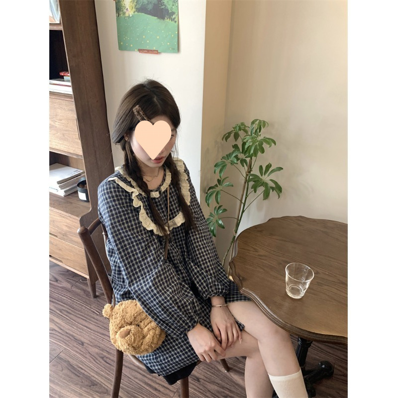 復古藏格紋花邊長袖連衣裙女秋季2025新款寬鬆顯瘦單排扣短裙