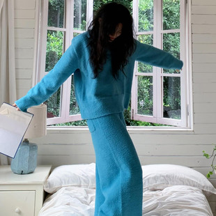Fashionable solid color knitted demi-season pijama, keep warm warm jeans, set, simple and elegant design