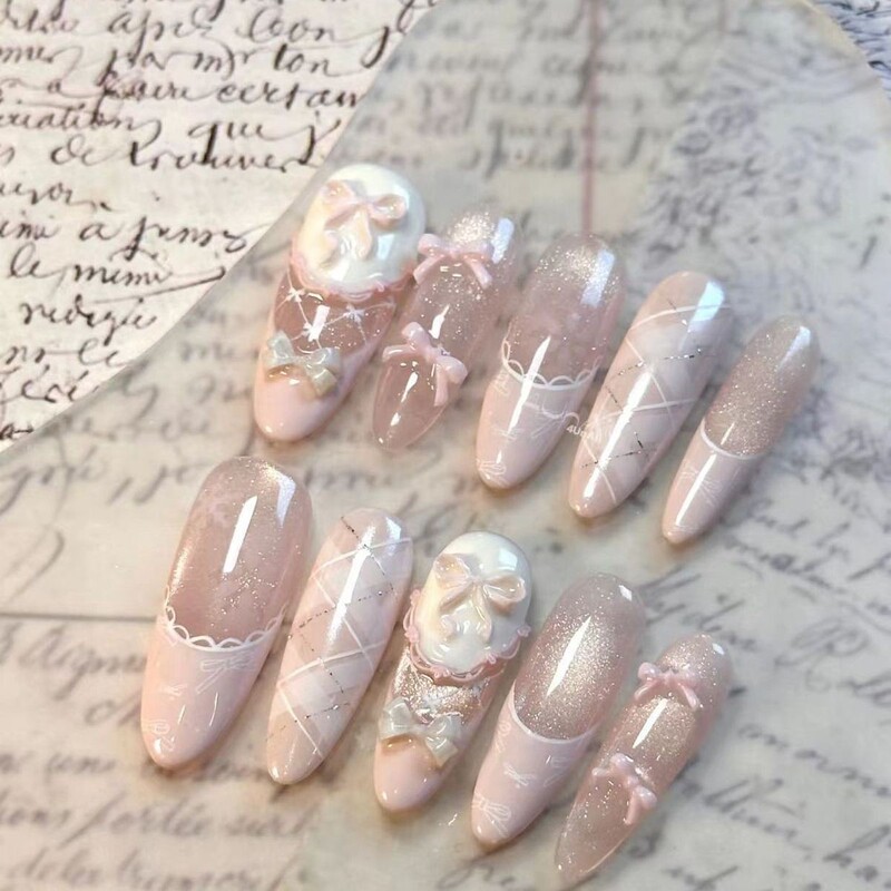 Popular High-End Cat-Eye Handmade Nail Art with Pink Bow, French Style Wearable Nails That Enhance Complexion, Sweet and Stylish Wearable Nails Popular High-End Cat-Eye Handmade Nail Art with Pink Bow, French Style Wearable Nails That Enhance Complexion, Sweet and Stylish Wearable Nails