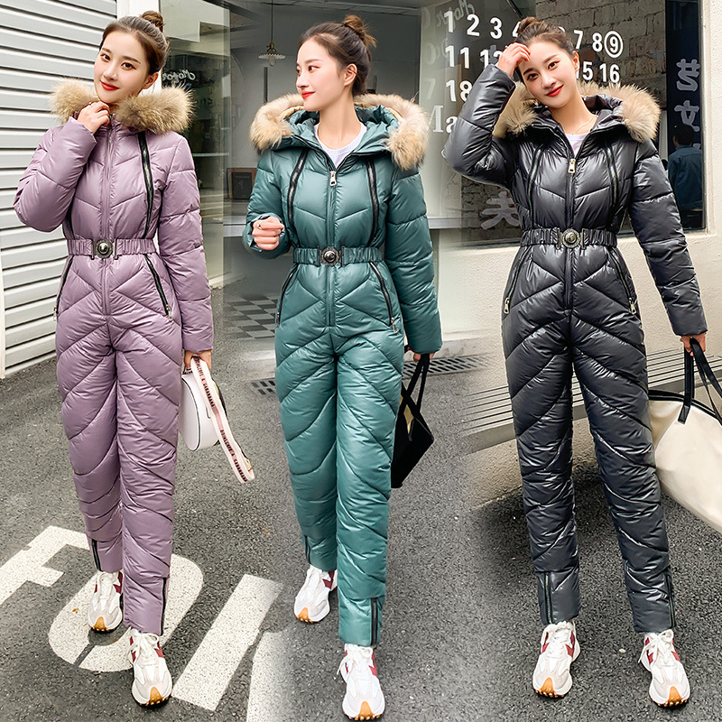 外贸棉衣女2022冬季新款户外休闲连体滑雪服套装修身加厚棉服女潮