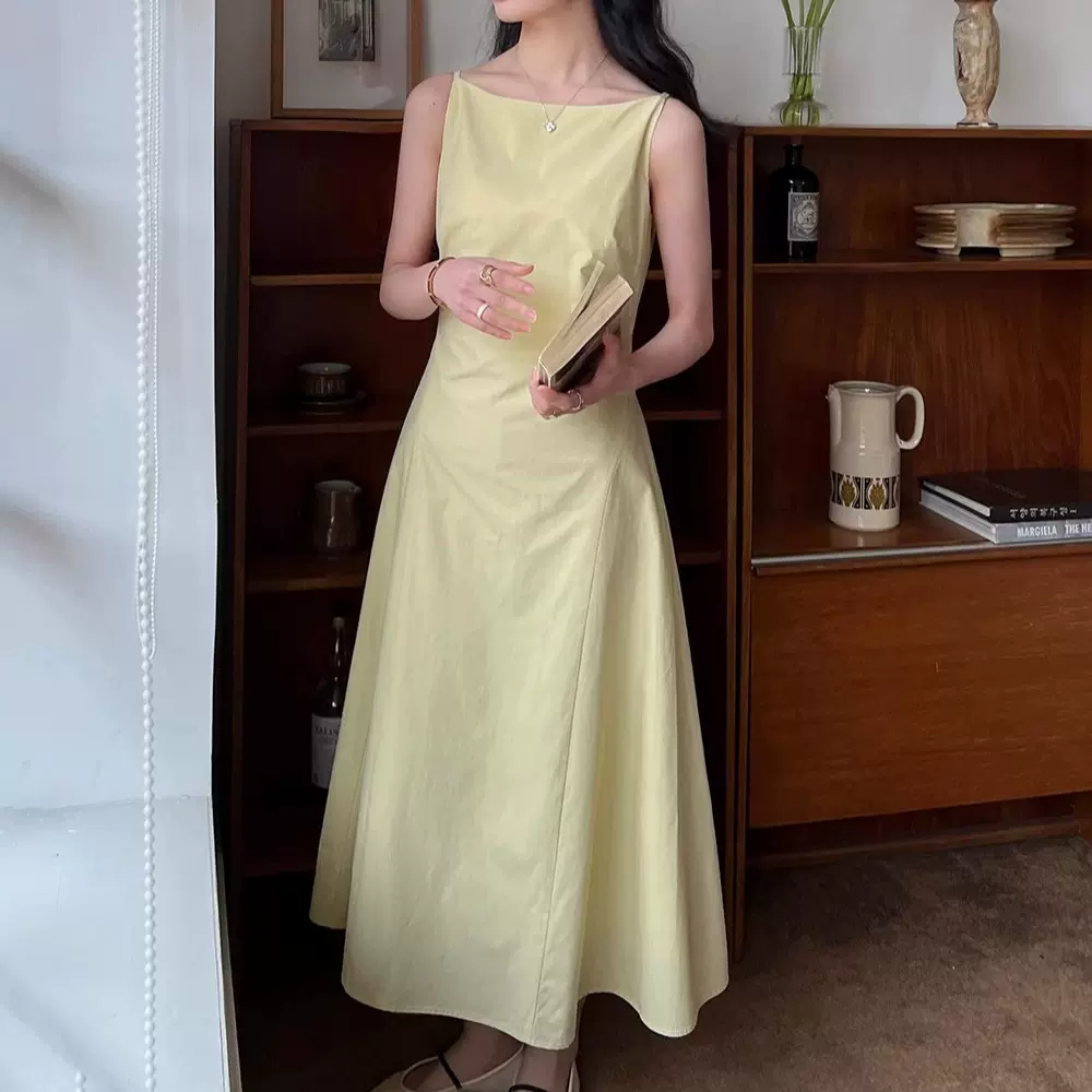 现货不规则设计复古时尚法式高腰一字肩气质连衣裙女2025夏季新款