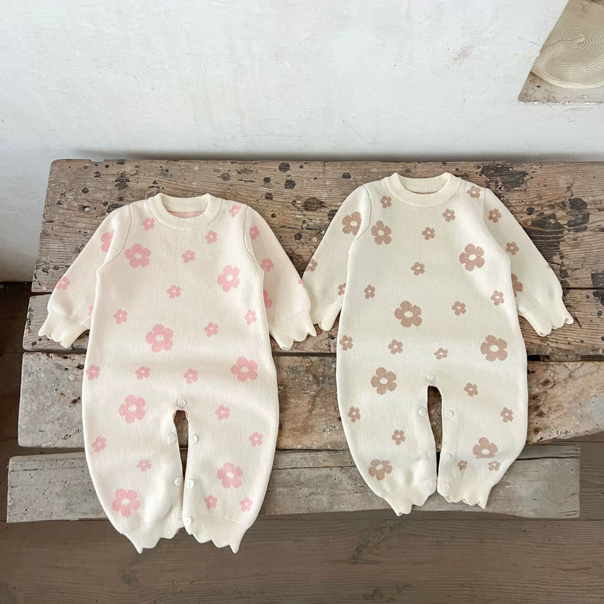 ins韩版女童宝宝纯棉花朵毛织连身衣爬服婴幼童易穿脱连体衣毛衣