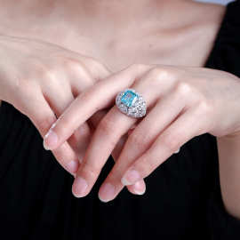 蓝色冰花切高碳钻S925银镀18k金镶嵌正方10mm5克拉女士闭口戒指