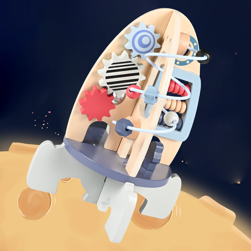 Wooden Large Space Rocket Model Toy for Children Kindergarten Early Education Hands-on Assembly and Disassembly Brain Development Beads