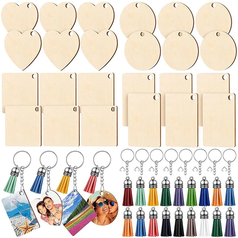 Wooden key chain blank unfinished key chain key ring leather tassel decoration DIY making craft label