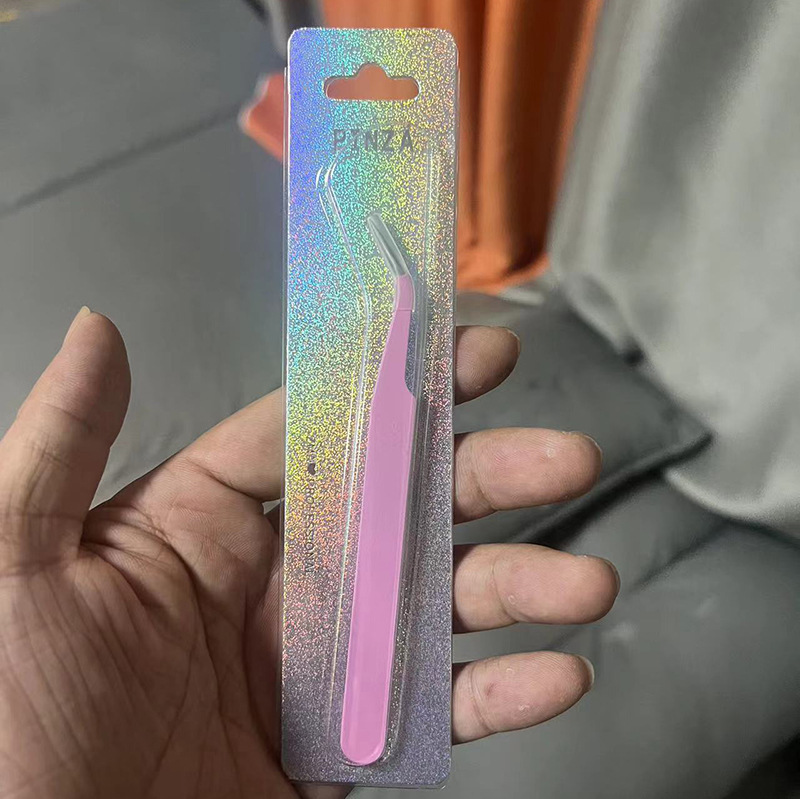 Pinzas para pestañas de acero inoxidable, punta curva, rosa