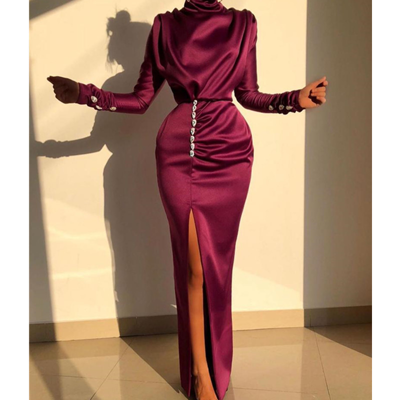 High-Neck Long-Sleeve New Dress with Water Drop Rhinestones, Slit, High-Waisted Sexy Dress, Fashionable Dress