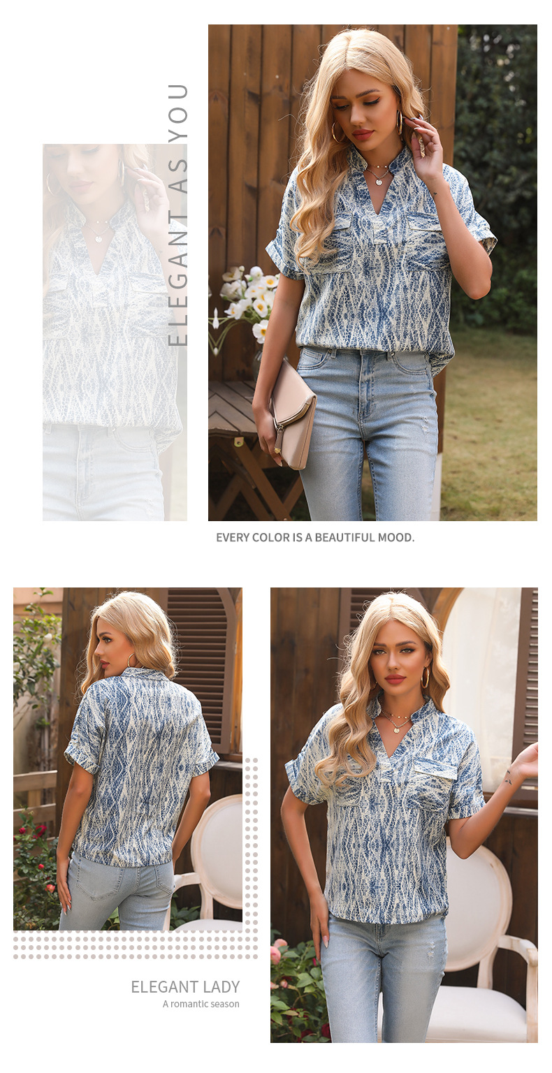 print stand collar slim v-neck short-sleeved top NSDMB127425