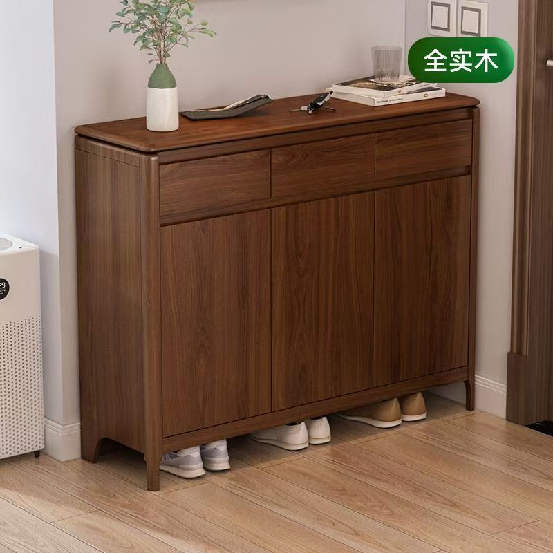 New Chinese-Style Ultra-Thin Narrow Cabinet, Solid Wood Multi-Layer Storage Shoe Cabinet, Walnut Color, Entryway Wall-Mounted, 2026 New Model