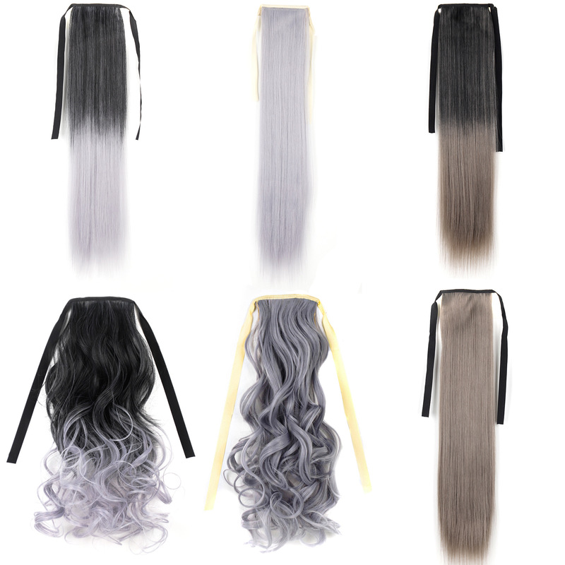 European and American wig ponytail female gradient granny gray chemical fiber strap straight ponytail long curly hair binding fake ponytail