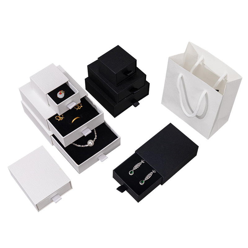 Nuevo lugar de joyería en caja collar anillo pulsera pendientes caja de regalo clásica en blanco y negro caja de cajón de amasado a mano de moda