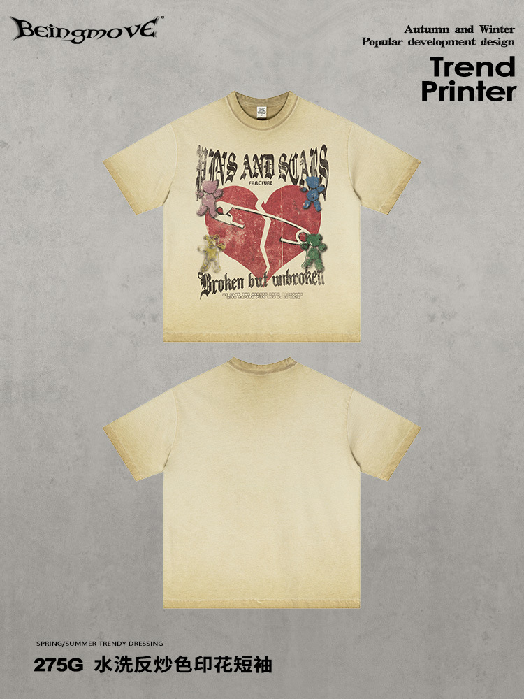 Calle secada| Calle americana retro hacer vieja impresión subcultural manga corta personalidad tendencia suelta camiseta de hombro para hombre