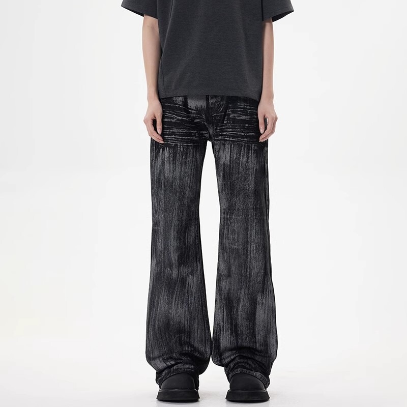 American High Street Vibe Batik Coated Distressed Black Jeans Men's Trendy Straight Micro-Flared Cleanfit Pants