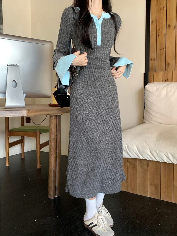 2025灰色长袖针织连衣裙女秋季设计感撞色拼接收腰气质包臀长裙新|undefined