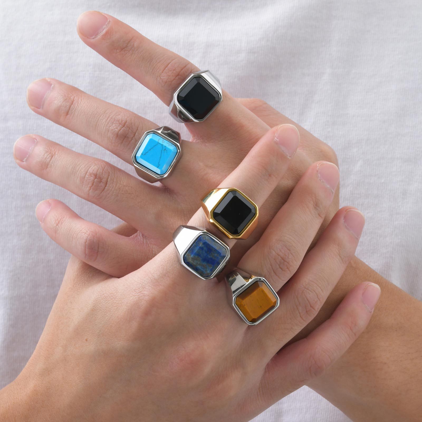 Men's Ring Stainless Steel With Natural Tiger Eye And Black Agate_voghion.com