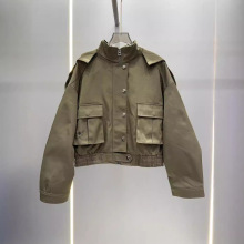 潮牌24秋冬新款D家时髦双口袋里衬印花短款拉链连帽风衣外套