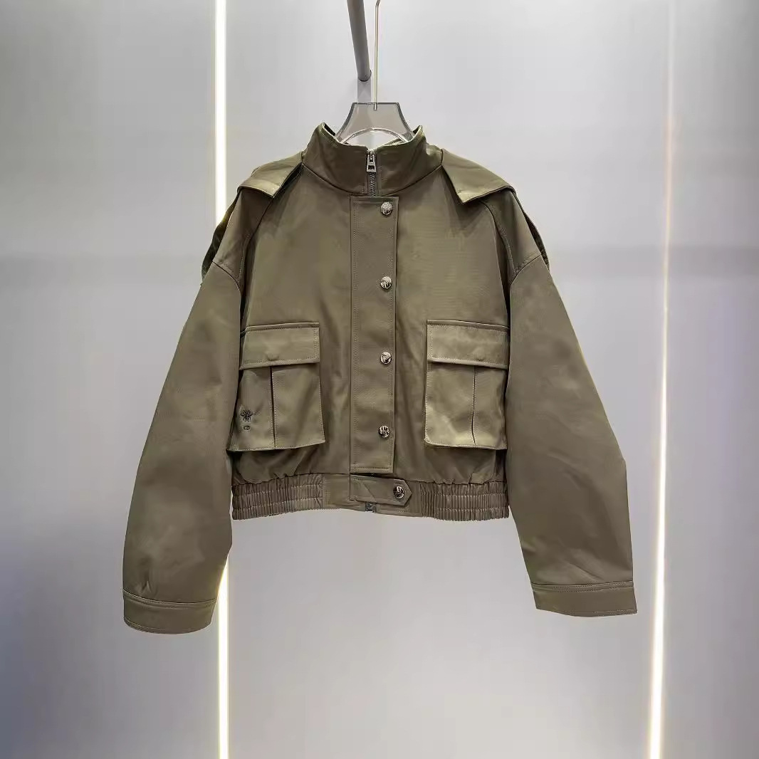 潮牌24秋冬新款D家时髦双口袋里衬印花短款拉链连帽风衣外套