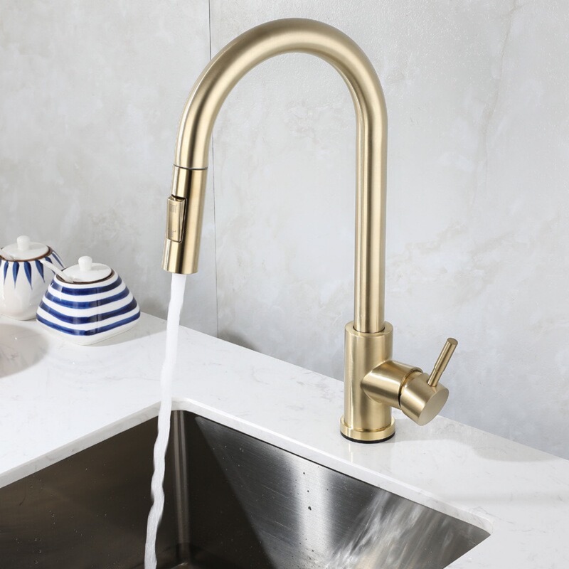 Brushed Black Gold Kitchen Faucet Hot and Cold Retractable Sink Faucet 304 Stainless Steel Pull-Out Sink Faucet