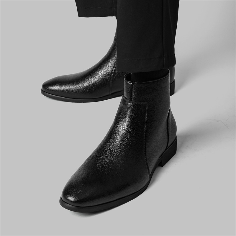 Autumn Winter New Men's Simple Slim Soft Leather Large Size Business Office European American Side Zipper Short Boots_voghion.com
