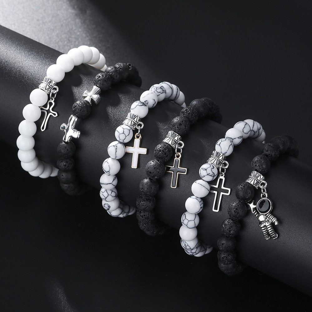Elastic Couple Bracelet With Volcanic Stone And Astronaut Charm_voghion.com