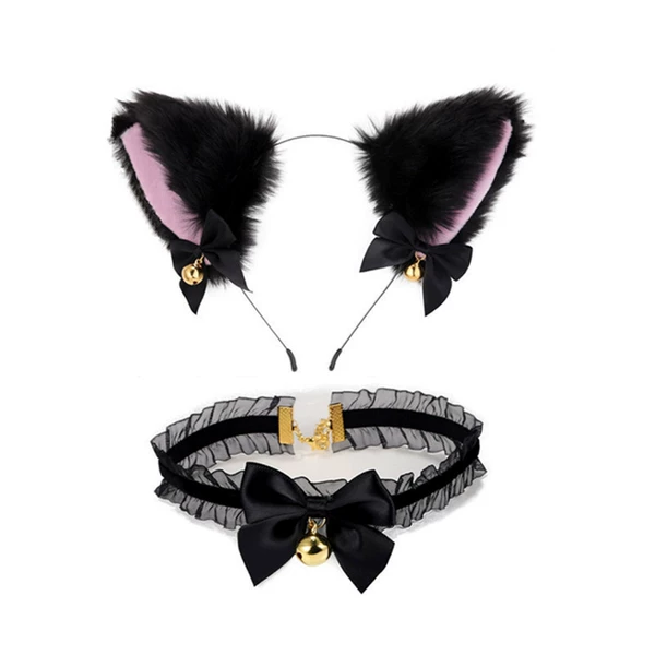 Black hair pink cat ears + neck ring
