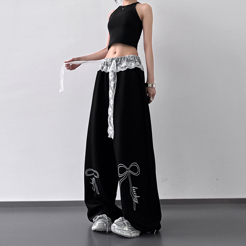 Black Lace Collage Printed Casual Pants for Women 2025 Spring and Summer Loose Slimming Look Straight Wide Leg Long Pants