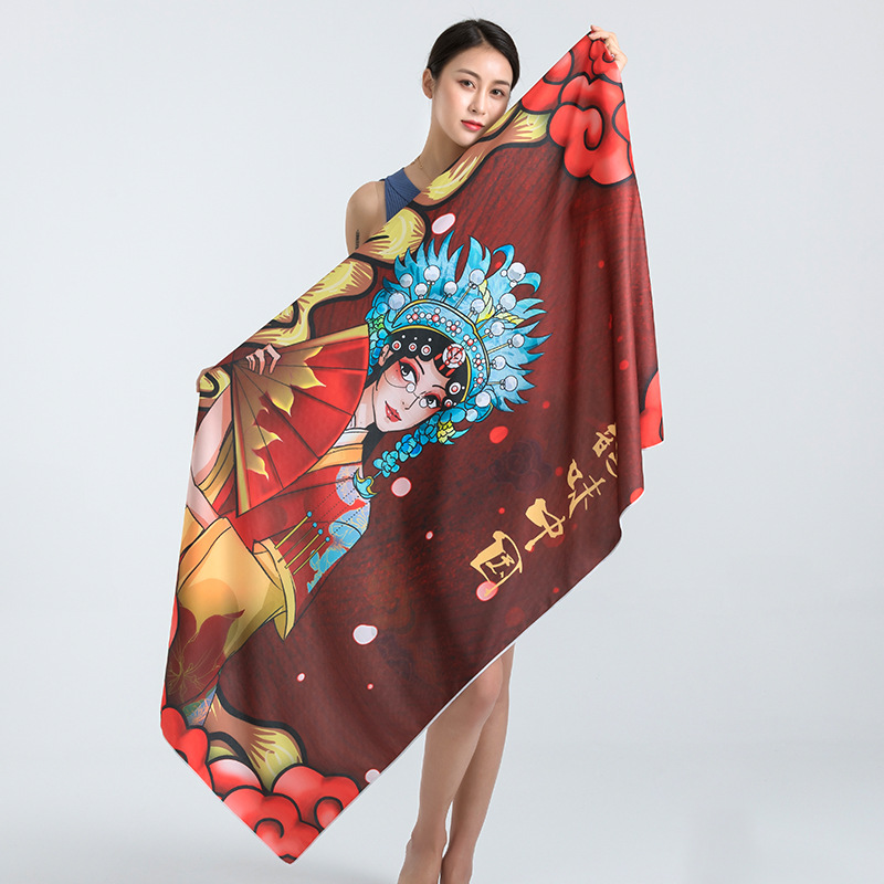 跨境货源全涤冷感沙滩巾速干浴巾国潮风海边游泳毛巾可来图加工|ms