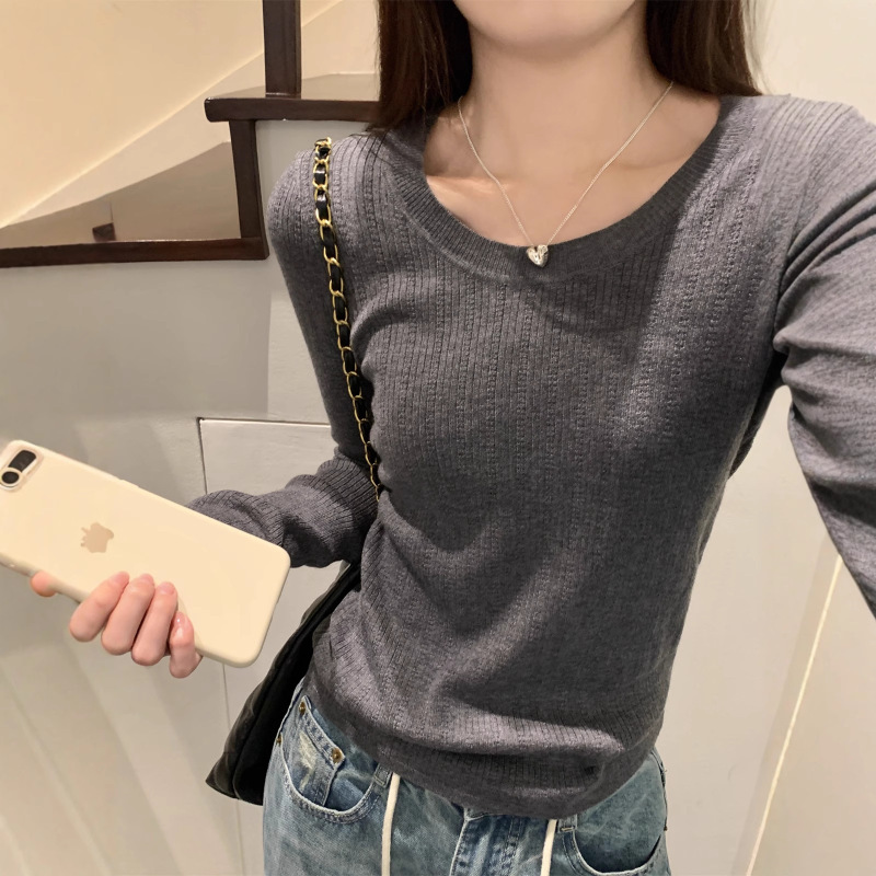 韩版秋季打底衫针织衫女生气质修身显瘦圆领长袖休闲内搭套头上衣|undefined