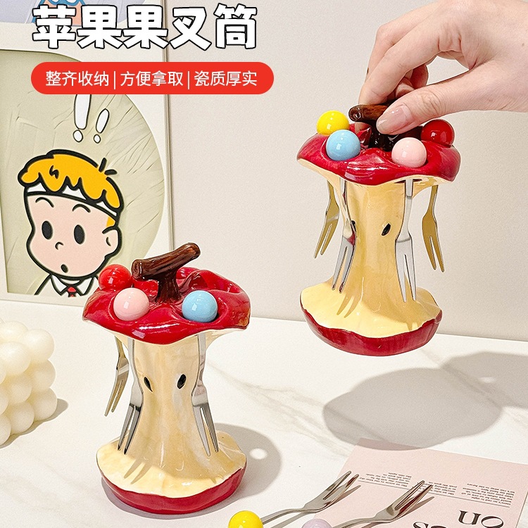 苹果水果叉套装甜品小叉子收纳座感家用创意陶瓷收纳果签筒